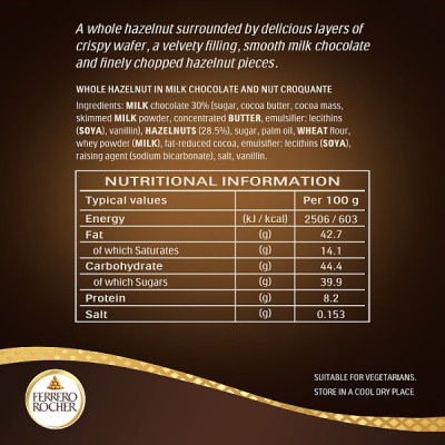 Ferrero Rocher Milk Chocolate Hazelnut Pralines Treat Pack 3 Pieces 37.5g (16 x 37.5g)