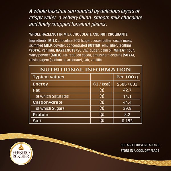 Ferrero Rocher Milk Chocolate Hazelnut Pralines Treat Pack 3 Pieces 37.5g (16 x 37.5g)