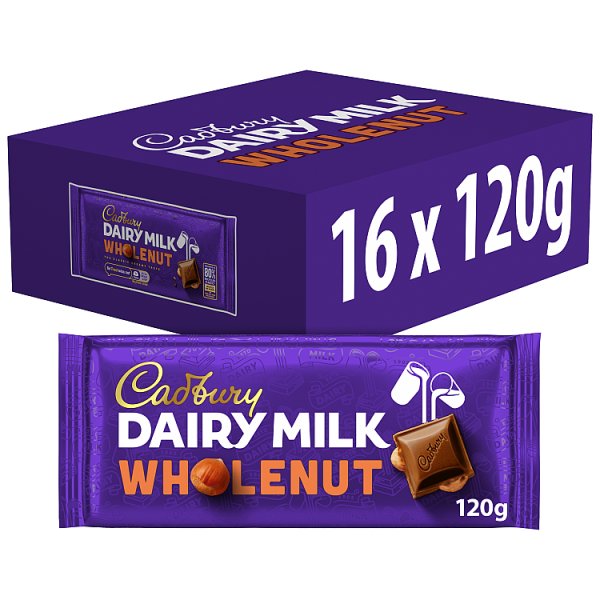 Cadbury Dairy Milk Wholenut Chocolate Bar 120g (16 x 120g)