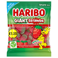 HARIBO Giant Strawbs Strawberry Flavour Chewy Jelly Sweets Sharing Bag 140g (12 x 140g)