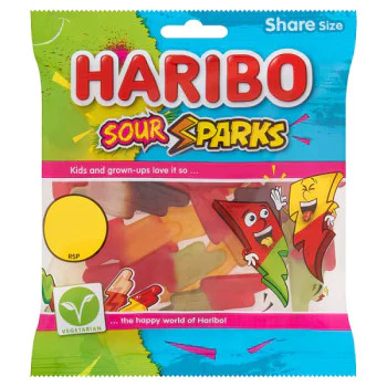HARIBO Sour Sparks Fruit & Cola Gums Sweets Sharing Bag 140g (12 x 140g) HARIBO Sour Sparks Fruit & Cola Gums Sweets Sharing Bag 140g (12 x 140g)