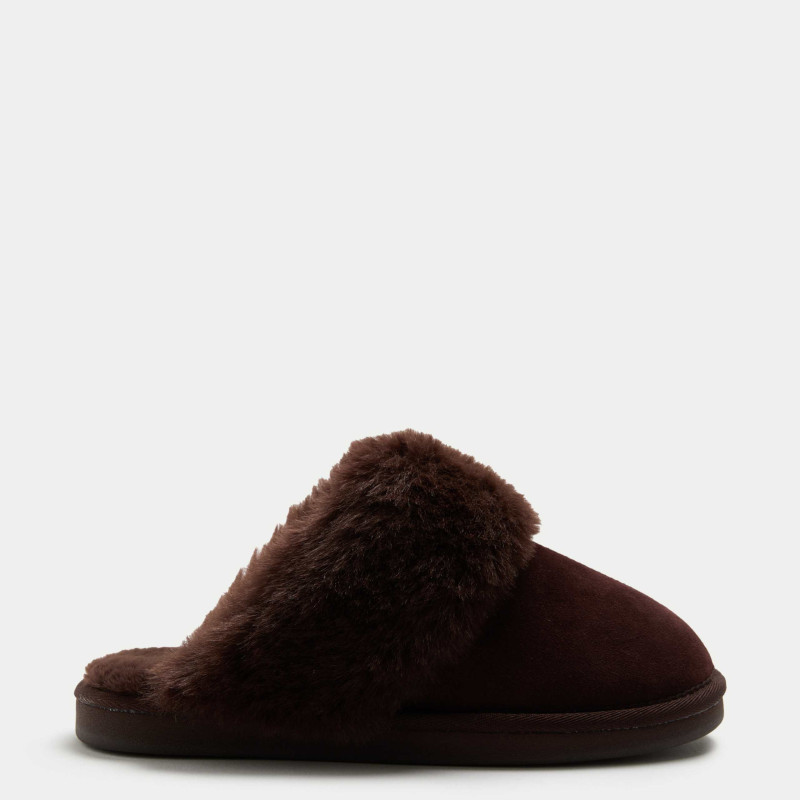 Suede Faux Fur Trim Mule Slippers