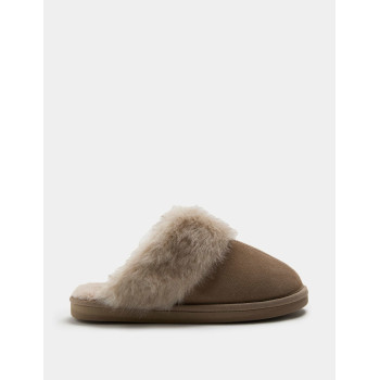 Suede Faux Fur Trim Mule Slippers