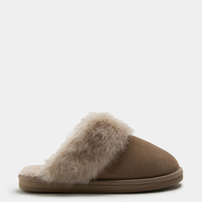 Suede Faux Fur Trim Mule Slippers