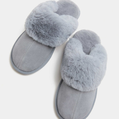 Suede Faux Fur Trim Mule Slippers