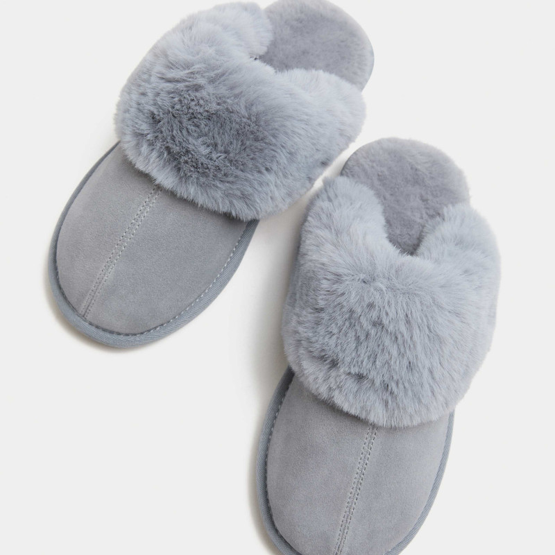 Suede Faux Fur Trim Mule Slippers