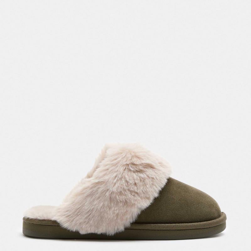 Suede Faux Fur Trim Mule Slippers
