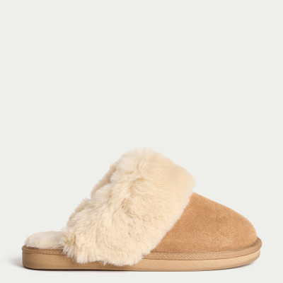 Suede Faux Fur Trim Mule Slippers