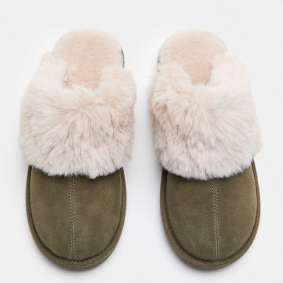 Suede Faux Fur Trim Mule Slippers