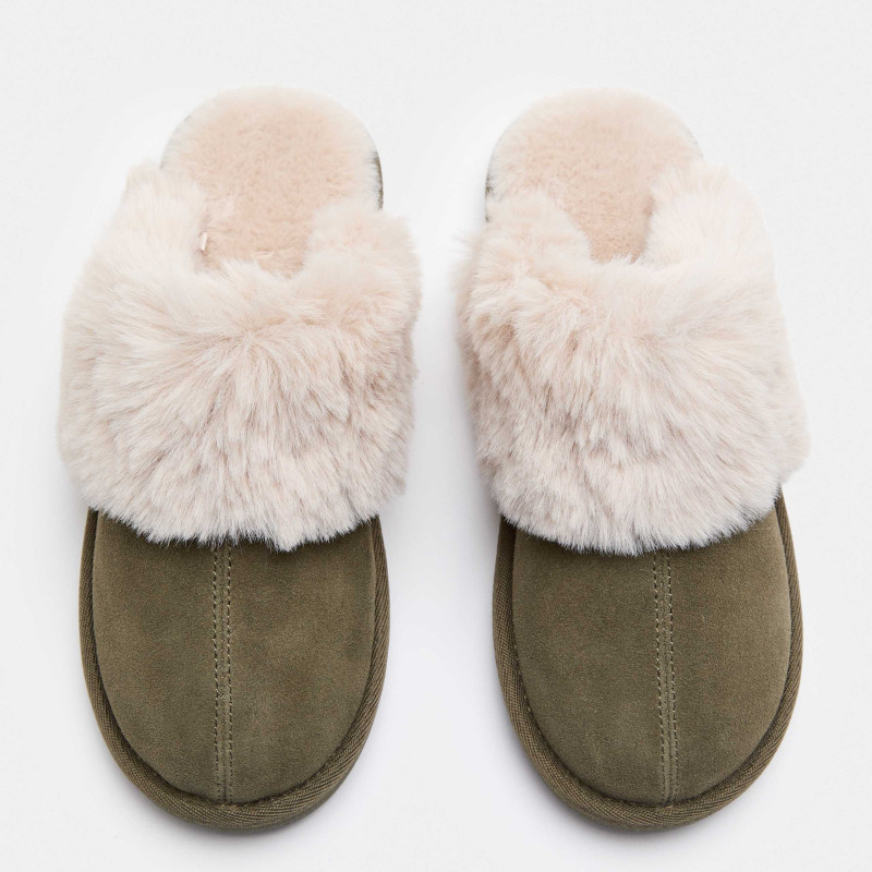 Suede Faux Fur Trim Mule Slippers