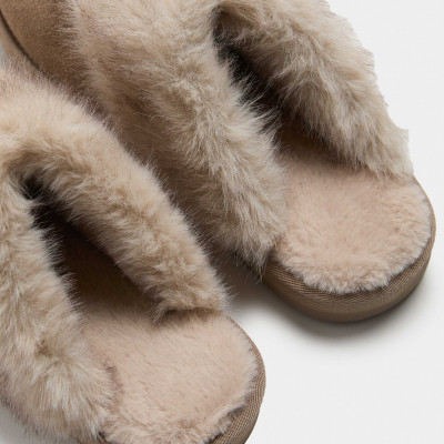 Suede Faux Fur Trim Mule Slippers