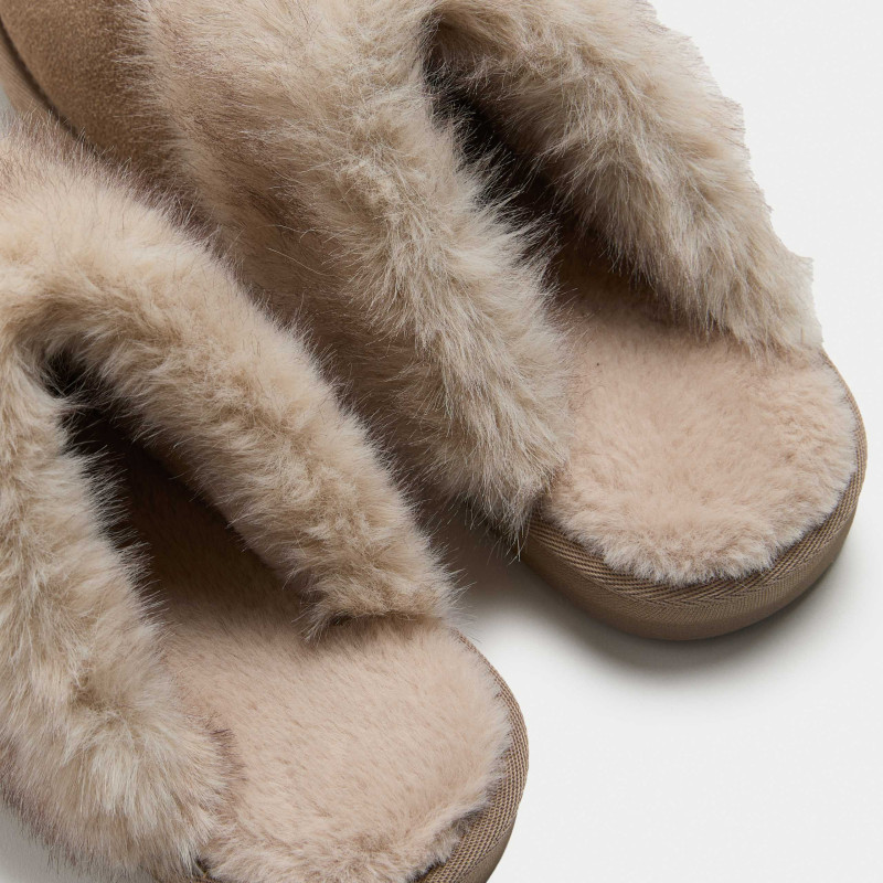 Suede Faux Fur Trim Mule Slippers