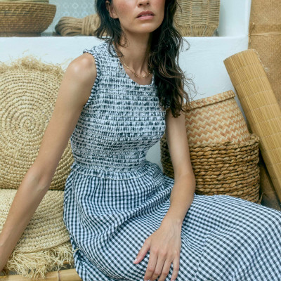 Poloma Gingham Midi Shirred Dress