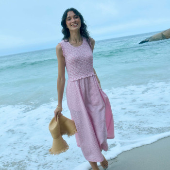 Poloma Round Neck Midi Shirred Dress