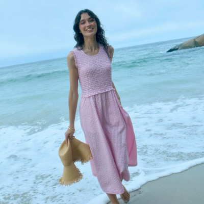 Poloma Round Neck Midi Shirred Dress