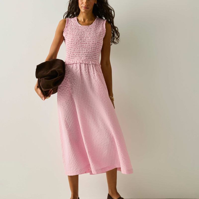Poloma Round Neck Midi Shirred Dress