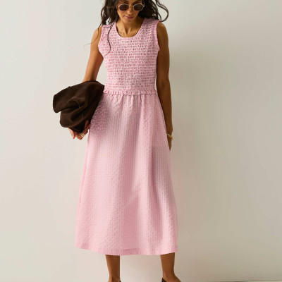 Poloma Round Neck Midi Shirred Dress