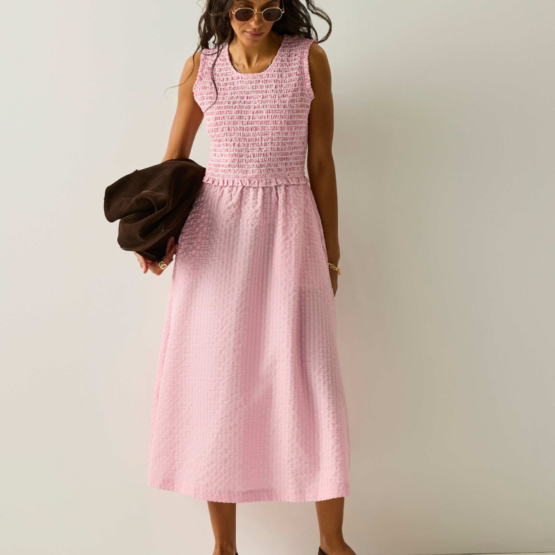 Poloma Round Neck Midi Shirred Dress