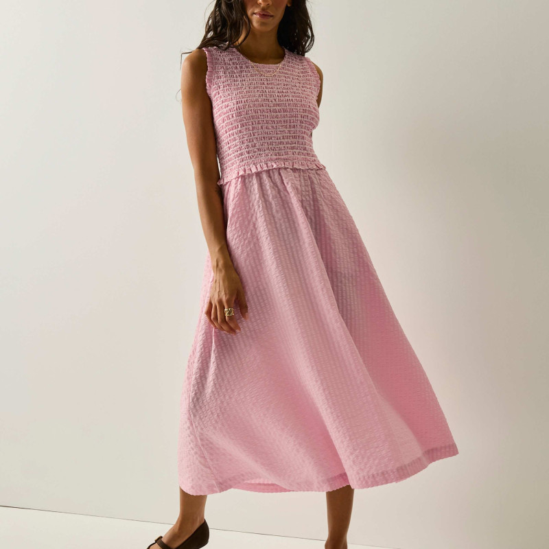Poloma Round Neck Midi Shirred Dress
