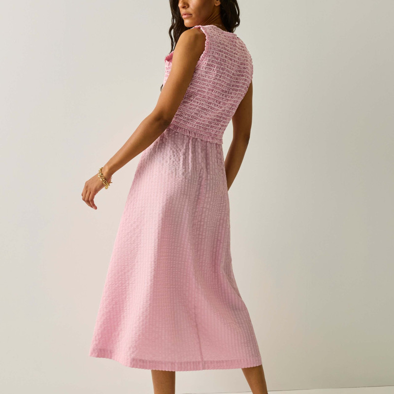 Poloma Round Neck Midi Shirred Dress