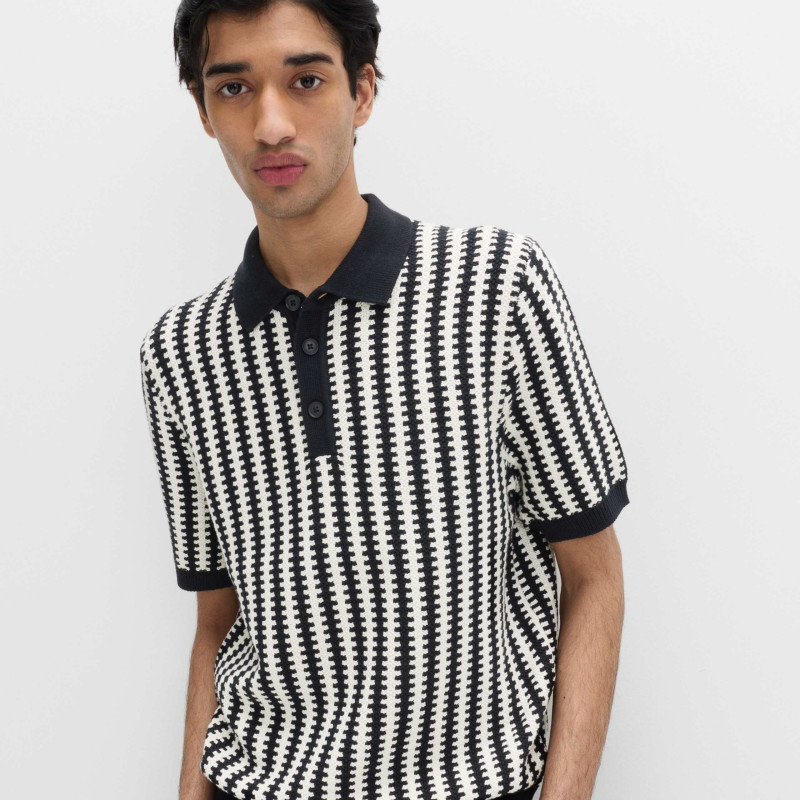 Pure Cotton Textured Striped Knitted Polo Shirt