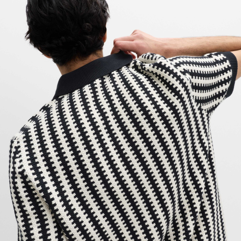 Pure Cotton Textured Striped Knitted Polo Shirt