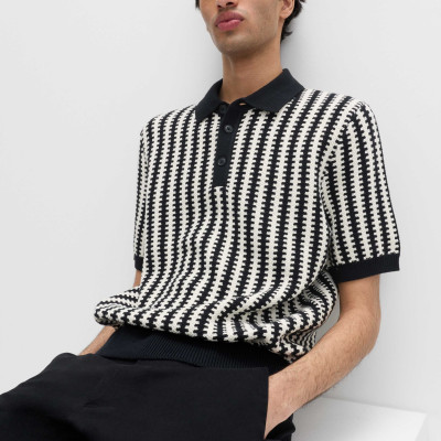 Pure Cotton Textured Striped Knitted Polo Shirt
