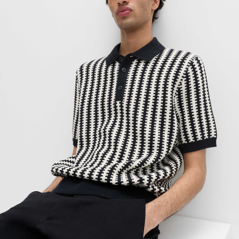 Pure Cotton Textured Striped Knitted Polo Shirt