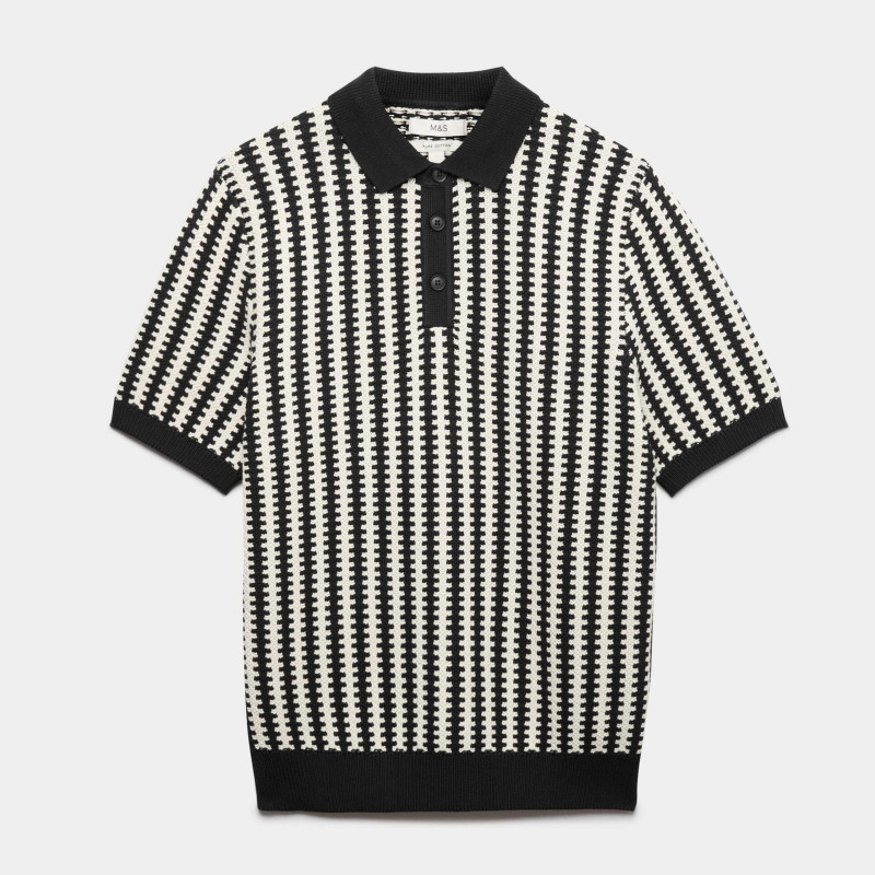 Pure Cotton Textured Striped Knitted Polo Shirt