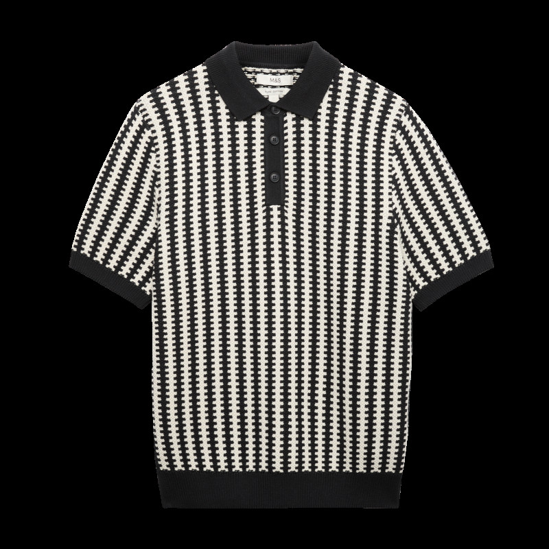 Pure Cotton Textured Striped Knitted Polo Shirt