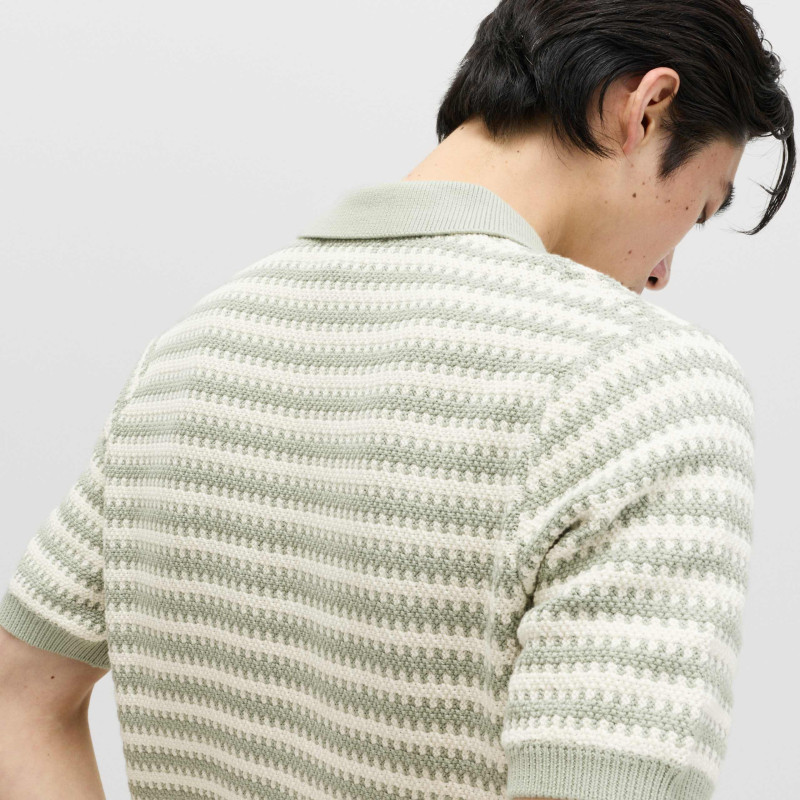 Pure Cotton Textured Striped Knitted Polo Shirt
