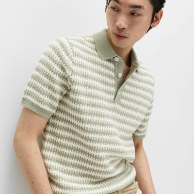 Pure Cotton Textured Striped Knitted Polo Shirt