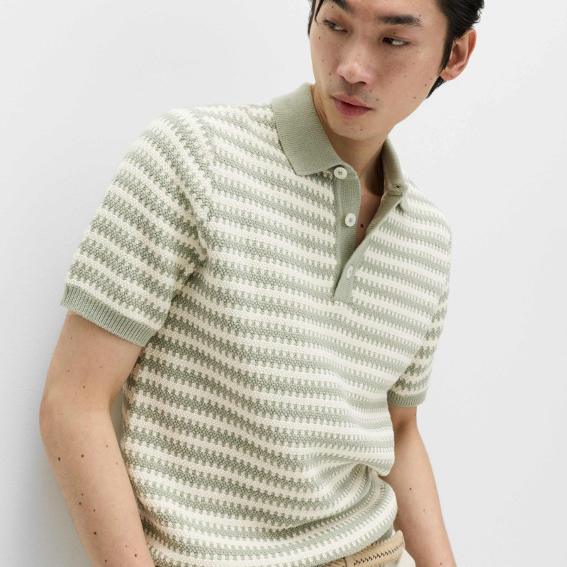Pure Cotton Textured Striped Knitted Polo Shirt