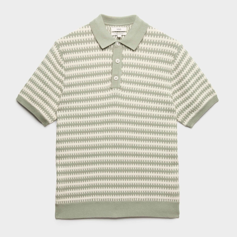 Pure Cotton Textured Striped Knitted Polo Shirt