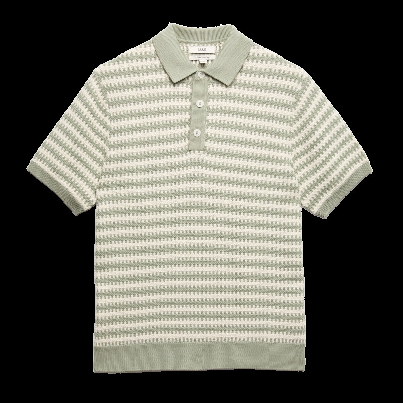 Pure Cotton Textured Striped Knitted Polo Shirt