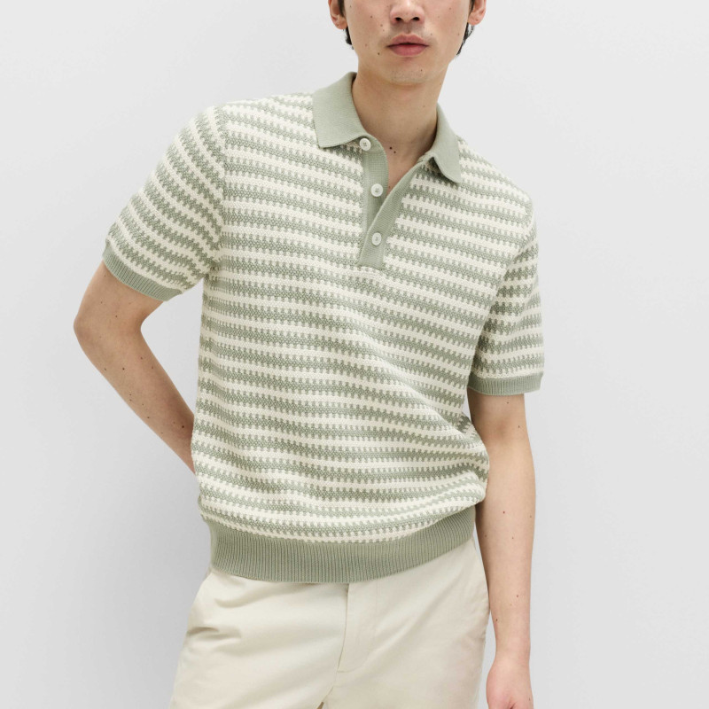 Pure Cotton Textured Striped Knitted Polo Shirt