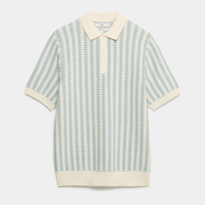Pure Cotton Textured Striped Knitted Polo Shirt