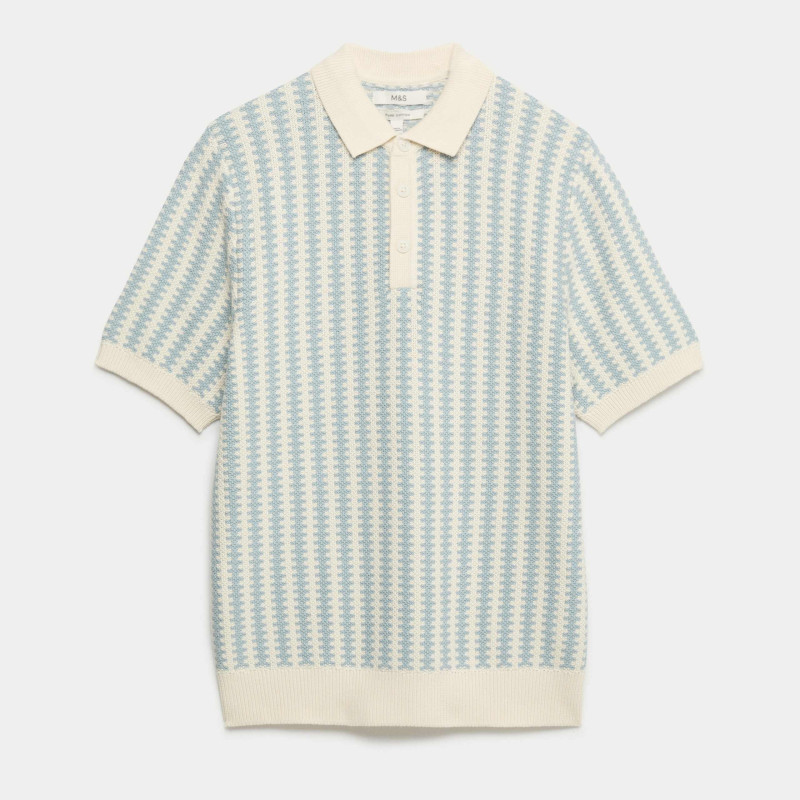 Pure Cotton Textured Striped Knitted Polo Shirt