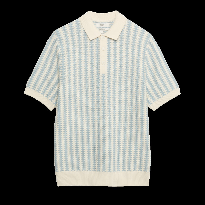 Pure Cotton Textured Striped Knitted Polo Shirt