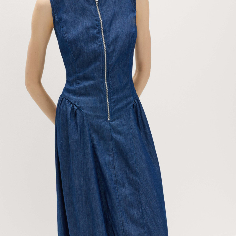 Denim Zip Up Drop Waist Midi Dress