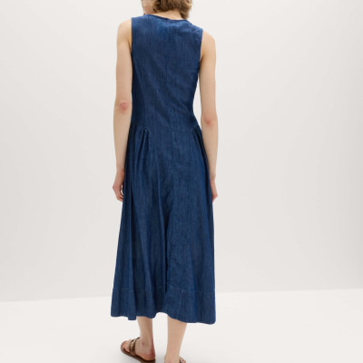 Denim Zip Up Drop Waist Midi Dress