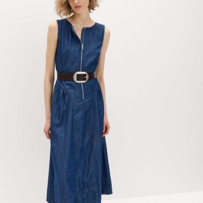 Denim Zip Up Drop Waist Midi Dress