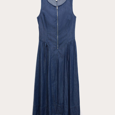 Denim Zip Up Drop Waist Midi Dress