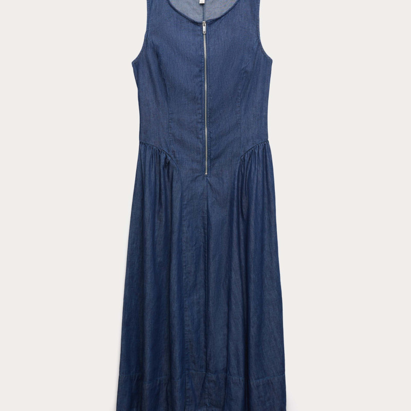 Denim Zip Up Drop Waist Midi Dress