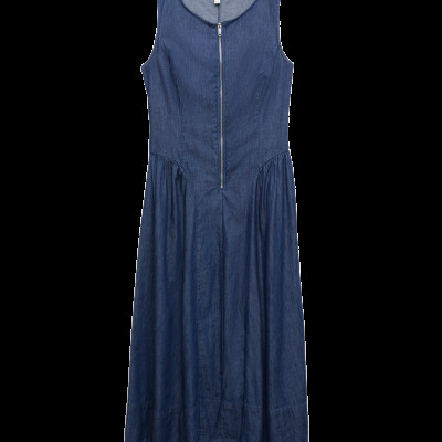 Denim Zip Up Drop Waist Midi Dress