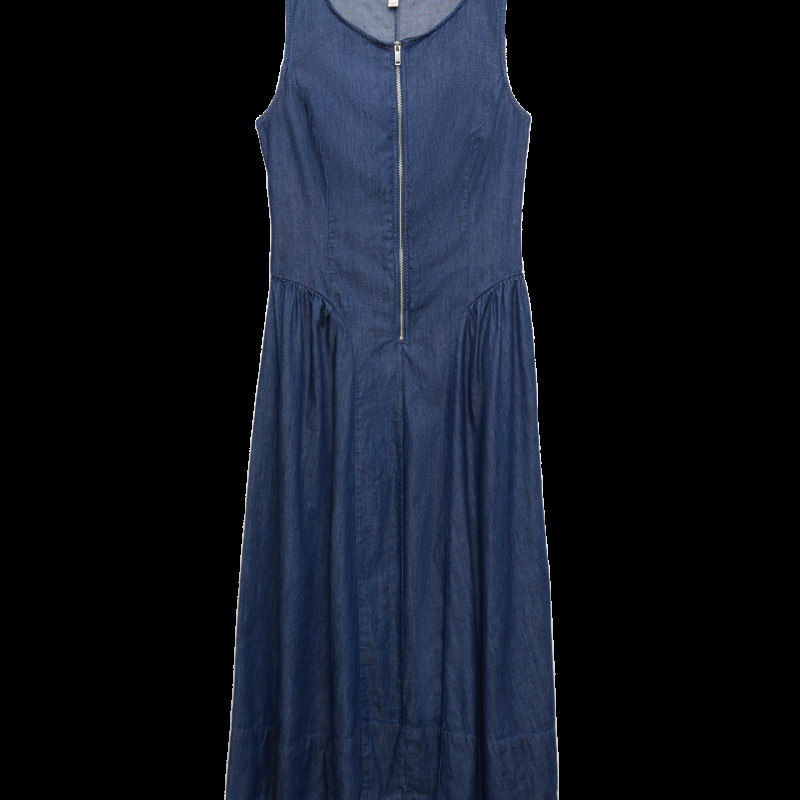 Denim Zip Up Drop Waist Midi Dress