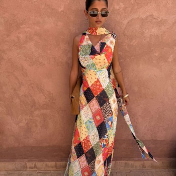 Printed Cowl Neck Maxi Fitted Dress