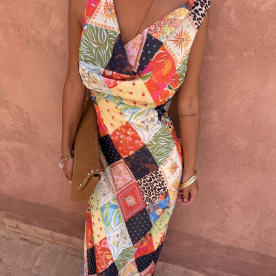 Printed Cowl Neck Maxi Fitted Dress