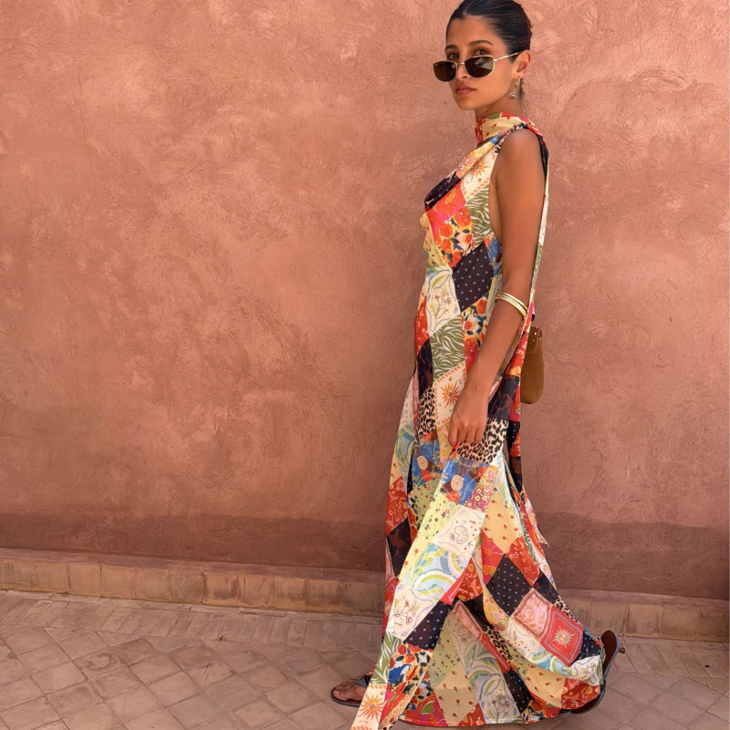 Printed Cowl Neck Maxi Fitted Dress