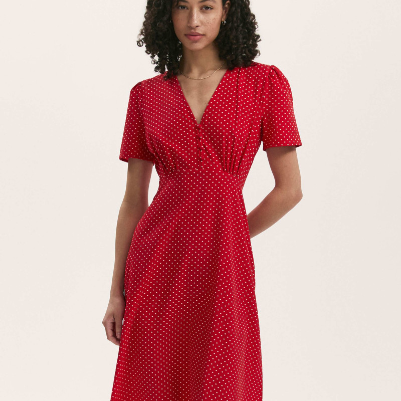 Polka Dot V-Neck Midi Tea Dress